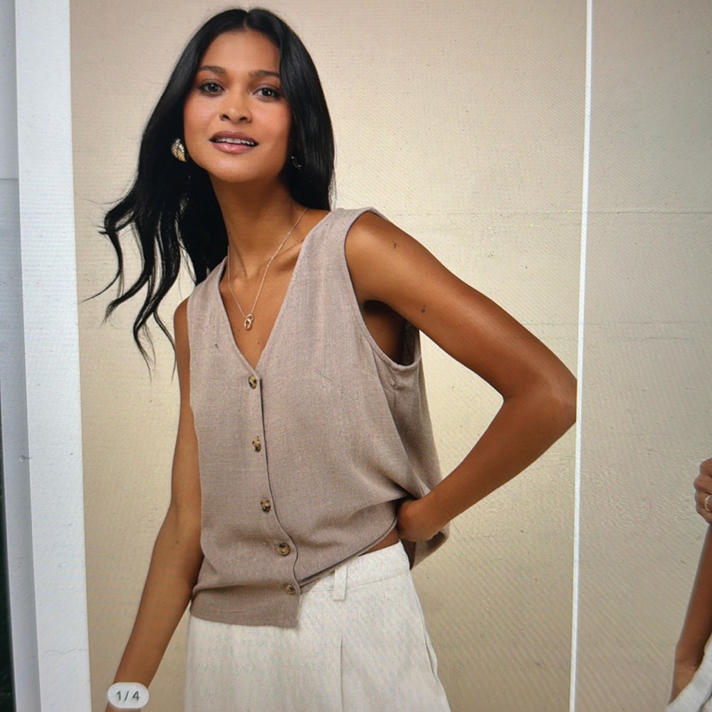 NWT! Lulus casually sophisticated brown linen sleeveless button front top